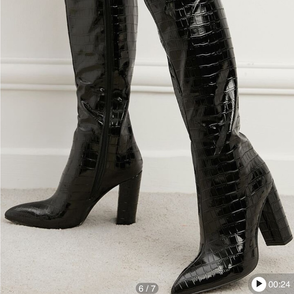 Black Croc-Embossed Knee-High Boots